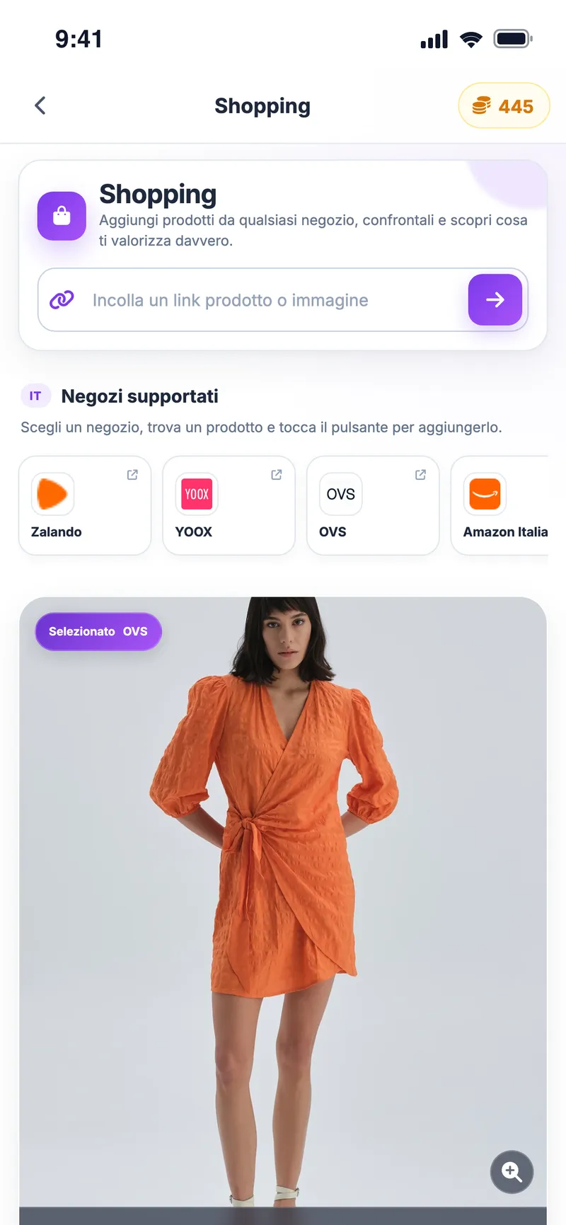 Schermata Shopping: campo per incollare il link, negozi supportati (Zalando, YOOX, OVS, Amazon Italia) e un abito arancione di OVS