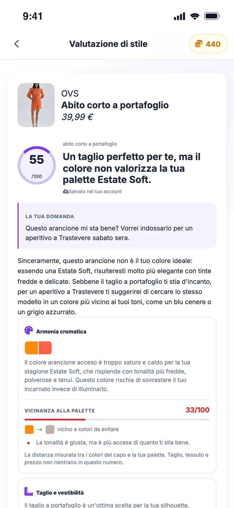 Valutazione di stile dell'IA: punteggio 55/100, armonia cromatica, vicinanza alla palette e note su taglio e vestibilità