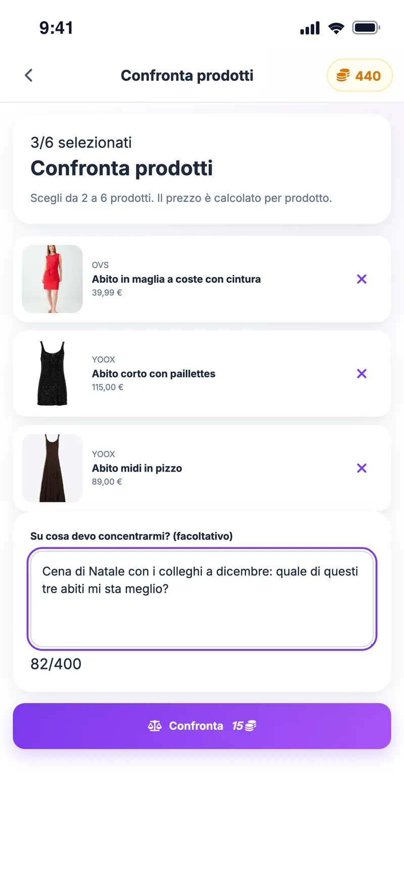 Confronta prodotti: tre abiti selezionati e una domanda per il confronto