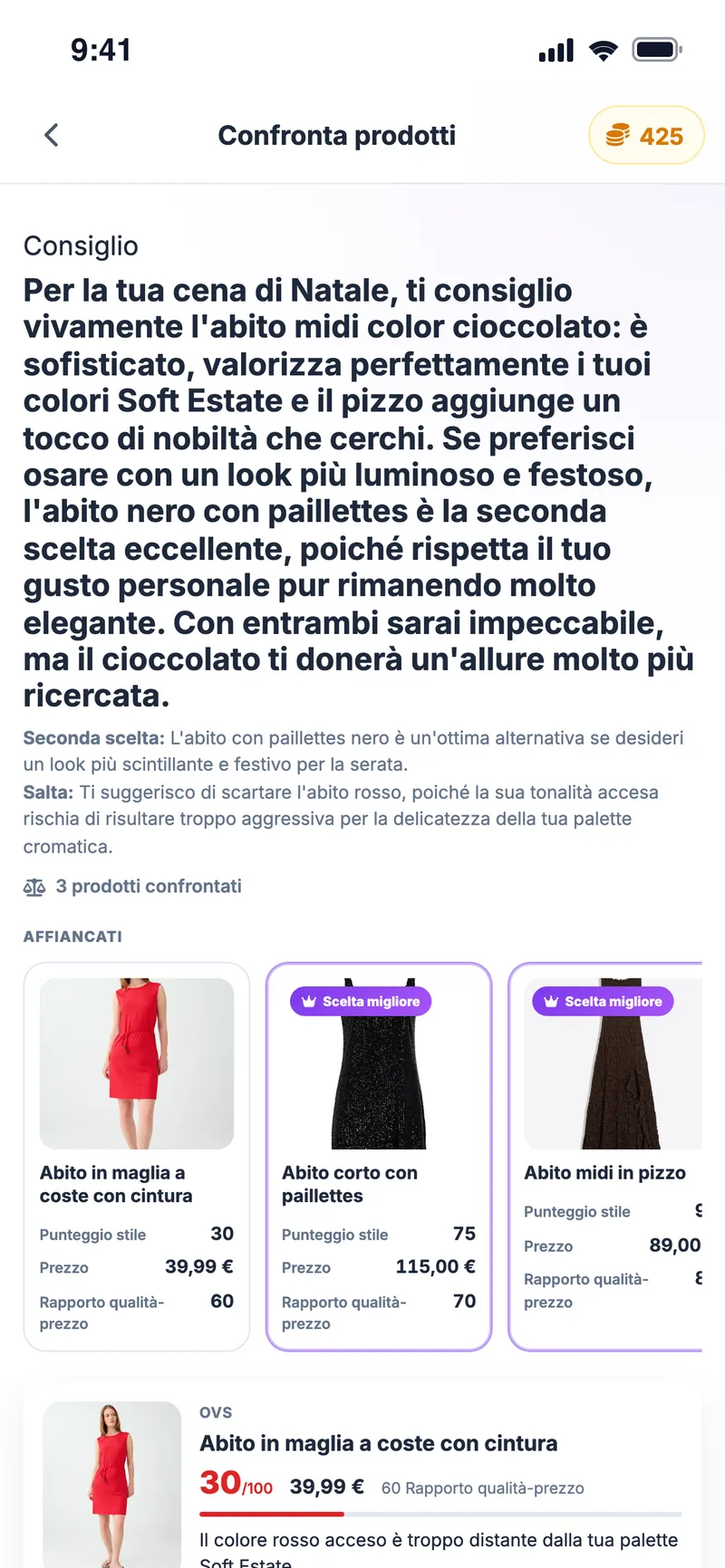 Risultato del confronto: l'abito consigliato, un'alternativa e i punteggi affiancati