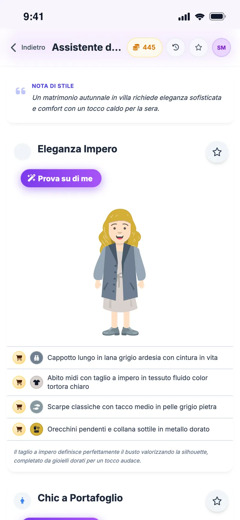 Outfit suggerito per un matrimonio in villa sull'avatar, con nota di stile e elenco dei capi