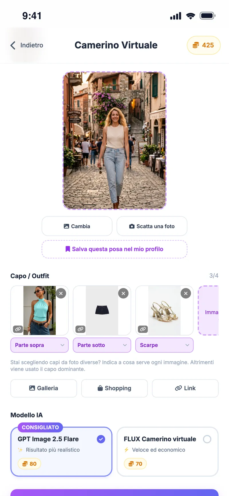 Camerino virtuale: foto a figura intera con top, minigonna e sandali aggiunti e scelta del modello di IA