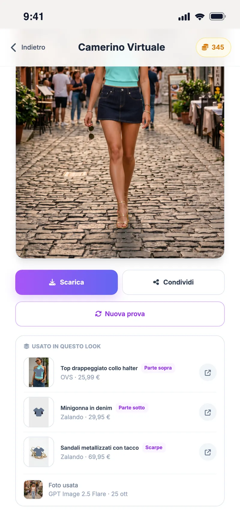 Risultato della prova con l'elenco dei capi usati nel look e i loro negozi