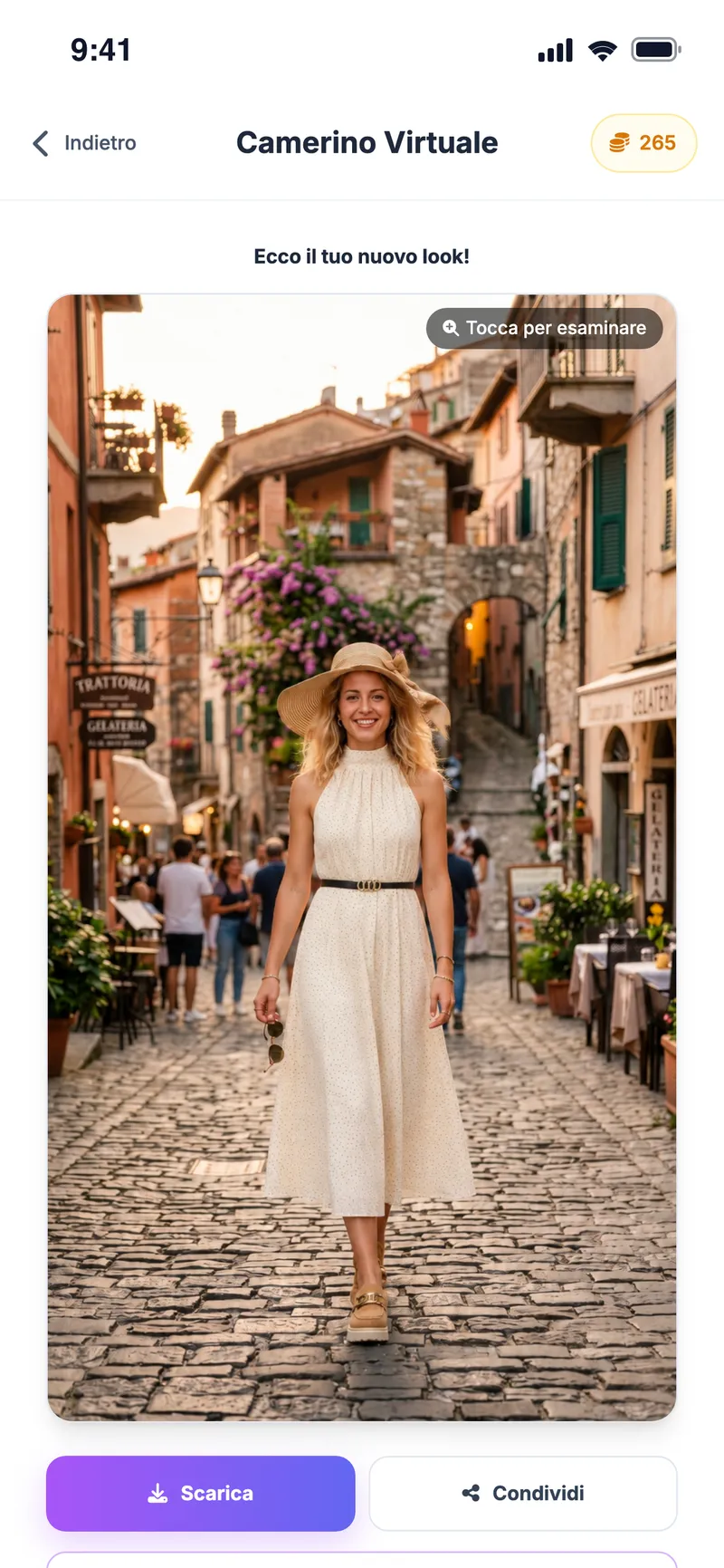 Risultato della prova virtuale: abito lungo in pizzo e cappello di paglia sulla foto dell'utente