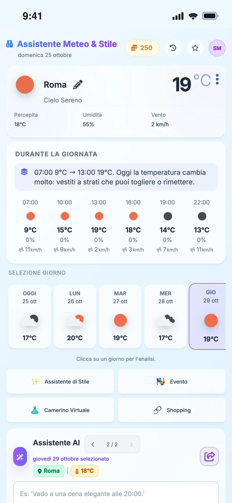 Assistente Meteo & Stile: meteo a Roma, temperature ora per ora e scelta del giorno