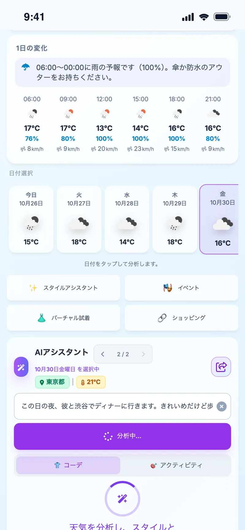 AIアシスタントが「この日の夜、彼と渋谷でディナー」というリクエストを分析中