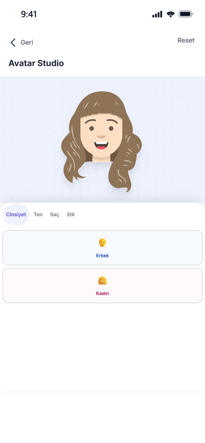 Avatar Stüdyosu: çizgi karakter avatar ve cinsiyet seçimi