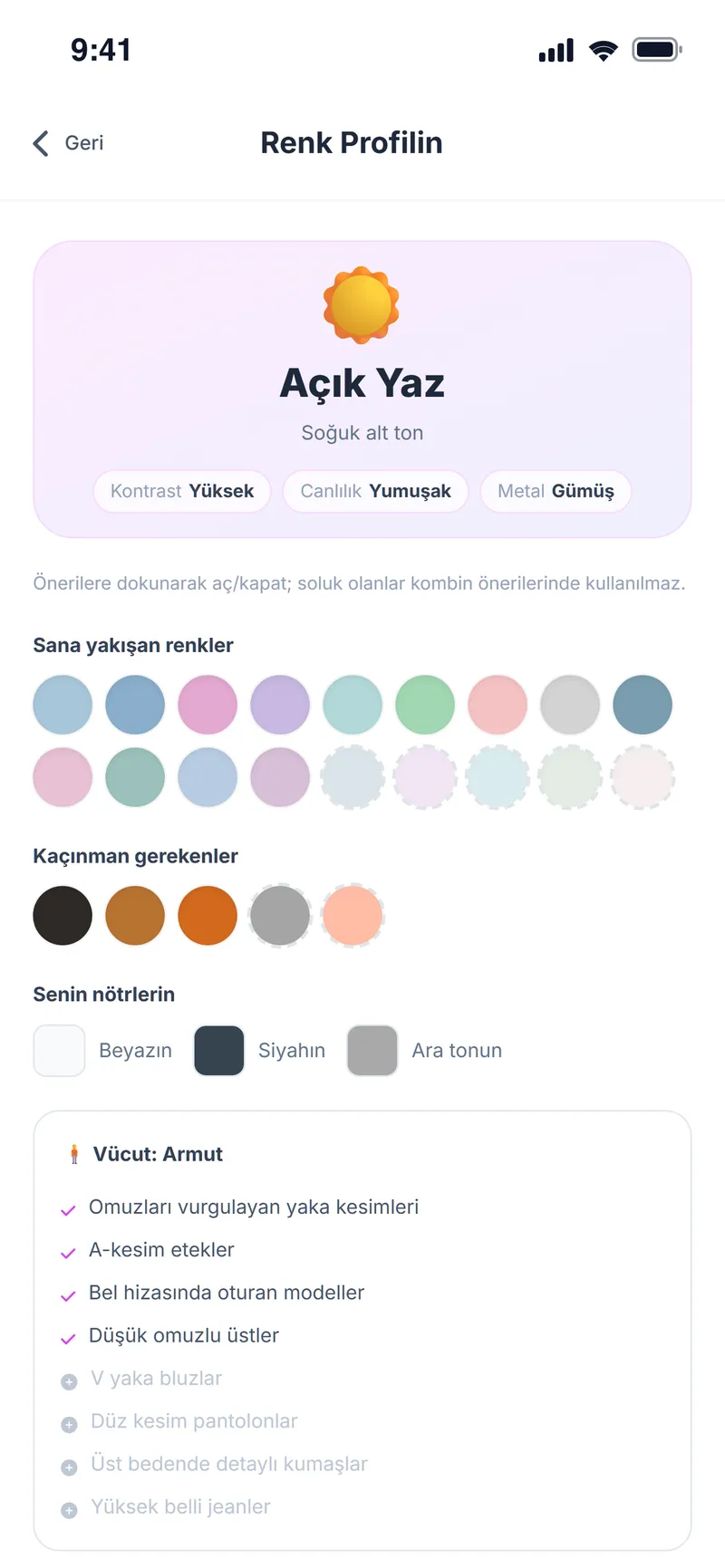 Renk profili: Açık Yaz paleti, kaçınılacak renkler ve nötrler