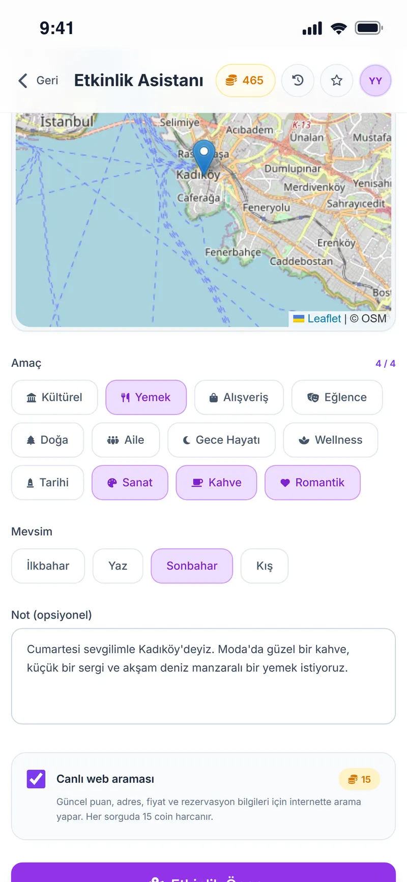 Etkinlik Asistanı: haritadan konum, amaç, mevsim, not ve canlı web araması seçimi