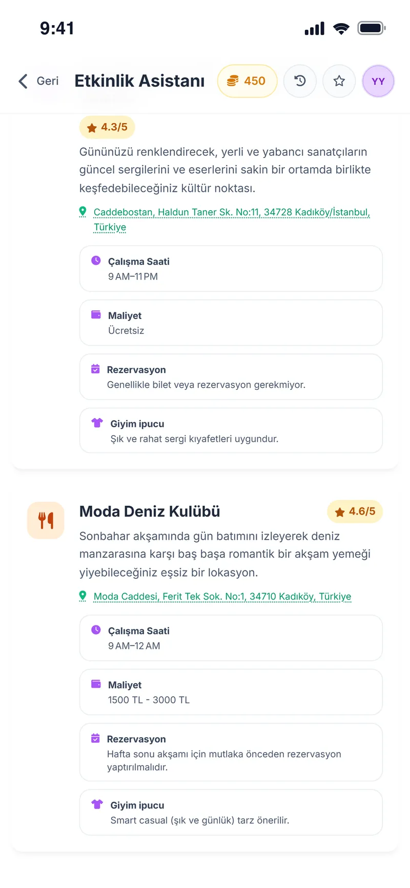 Mekân kartı: adres, çalışma saati, maliyet, rezervasyon ve giyim ipucu