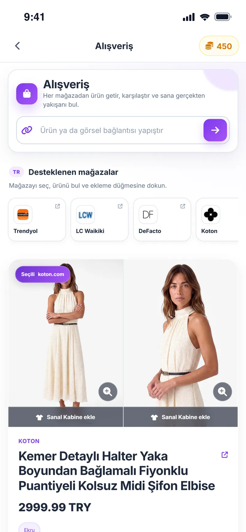 Alışveriş: desteklenen mağazalar ve eklenen ürünün bilgileri