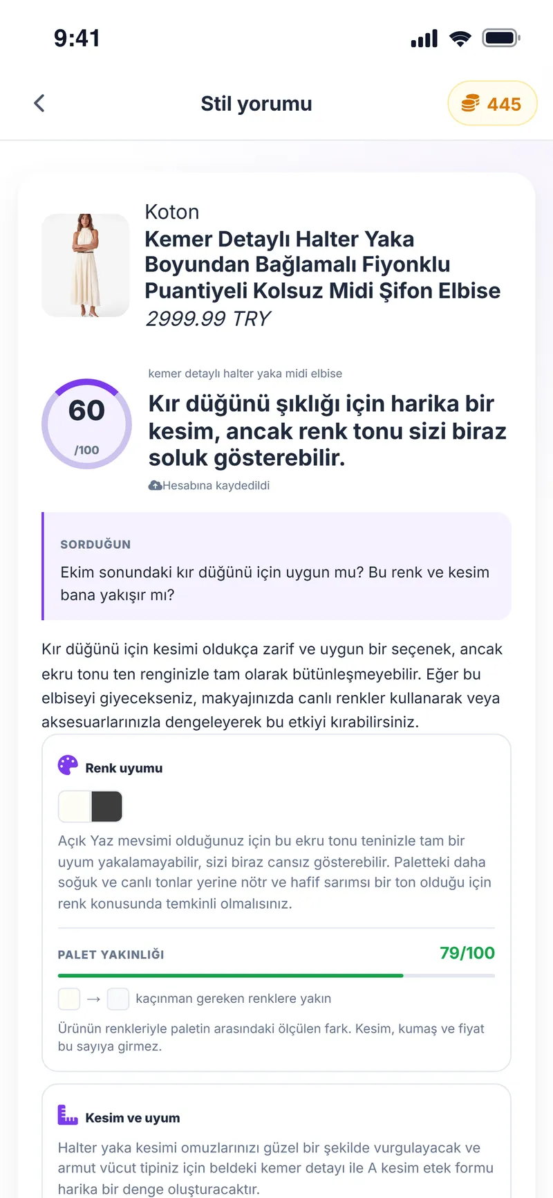 Yapay zekâ ürün yorumu: uyum puanı, renk uyumu ve kesim değerlendirmesi