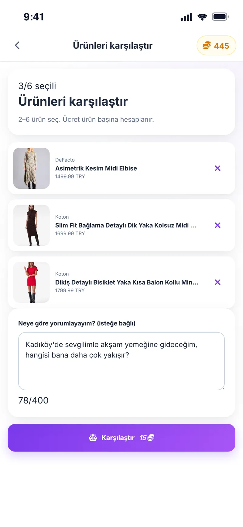 Karşılaştırmak için seçilen üç elbise
