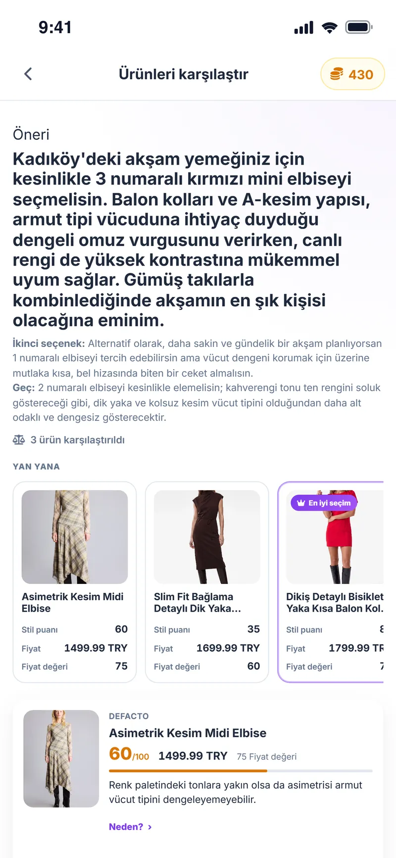 Karşılaştırma sonucu: önerilen ürün ve yan yana puanlar