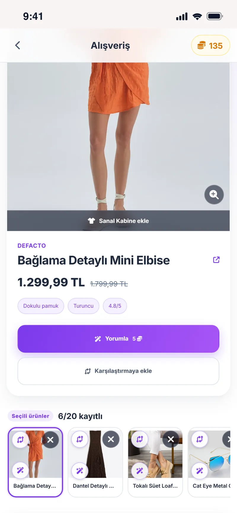 Ürün detayı, Sanal Kabine ekle düğmesi ve seçili ürünler