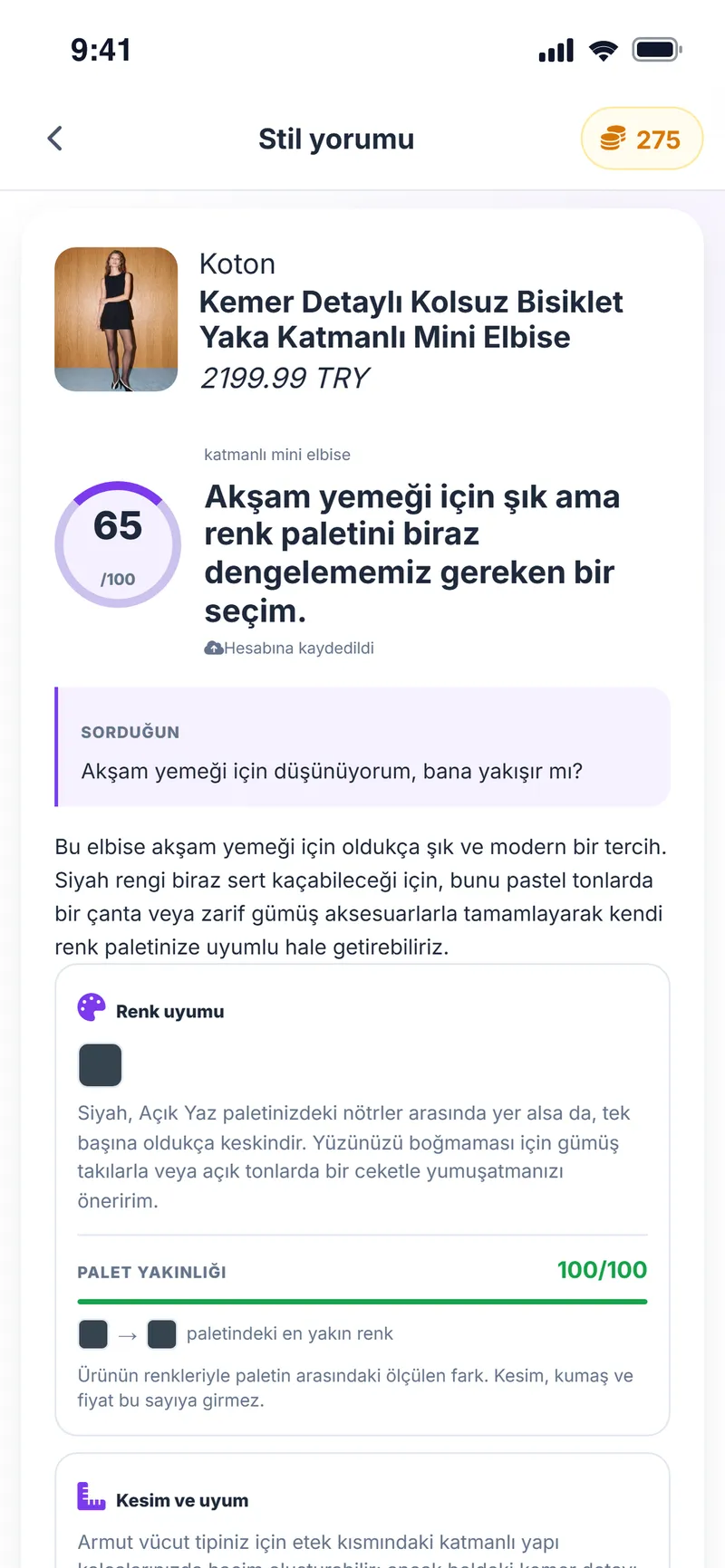 Mini elbise için yapay zekâ stil yorumu ve palet yakınlığı