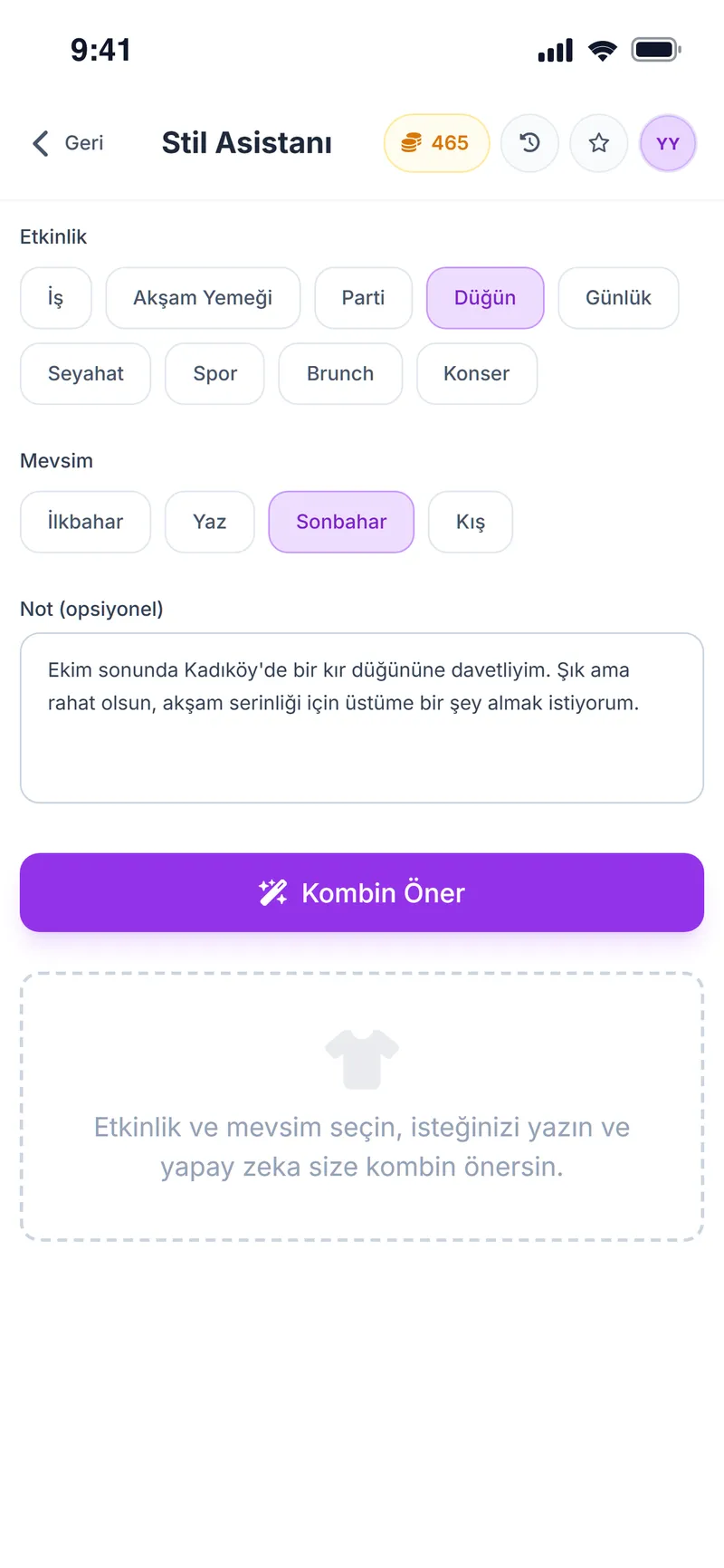 Stil Asistanı: etkinlik, mevsim ve not seçimi