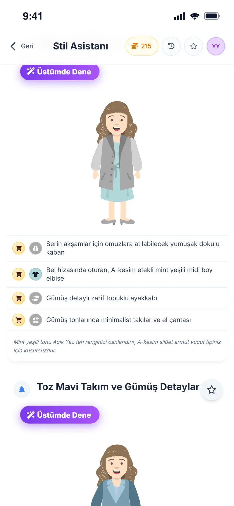 Aynı etkinlik için alternatif kombin önerileri