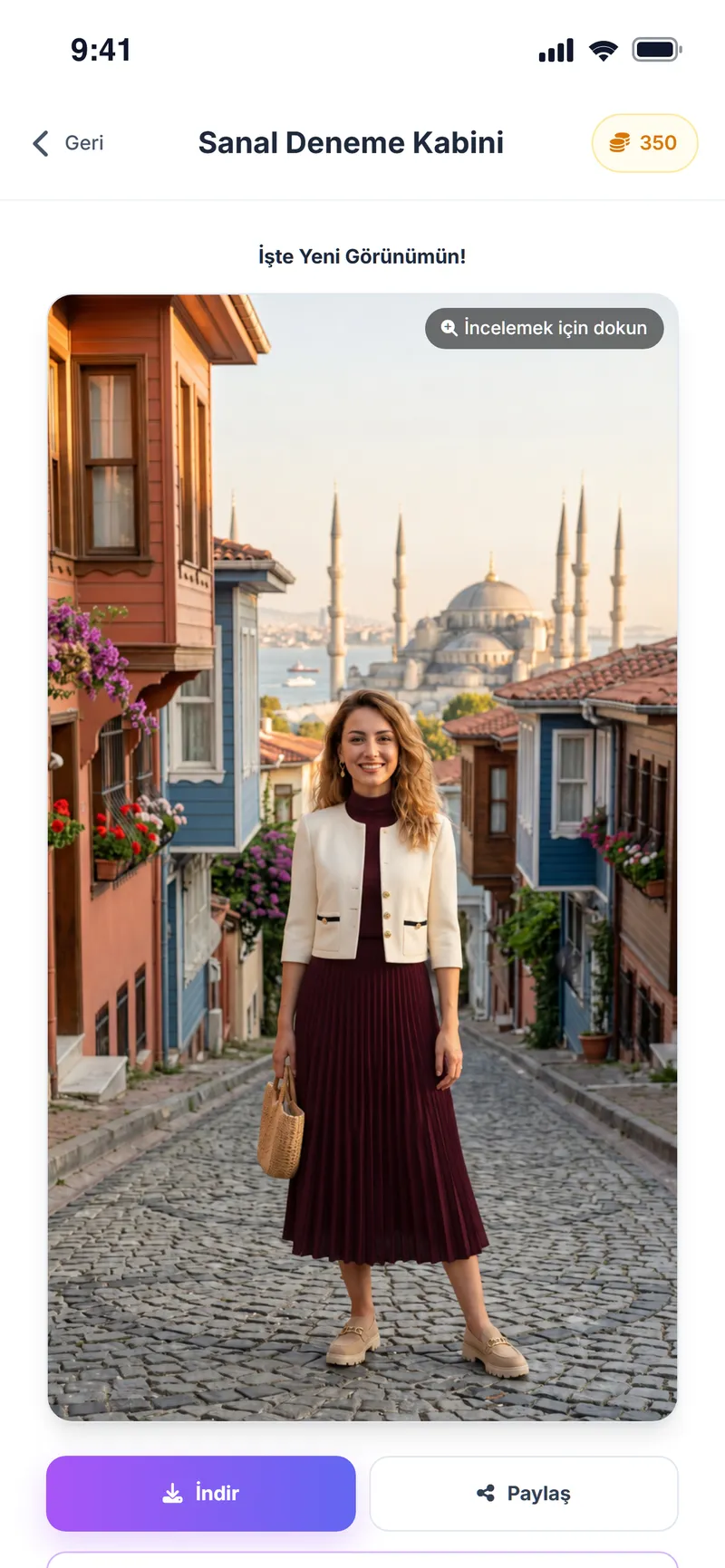 Sanal deneme sonucu: bordo elbise ve krem ceketin kullanıcının fotoğrafındaki hali