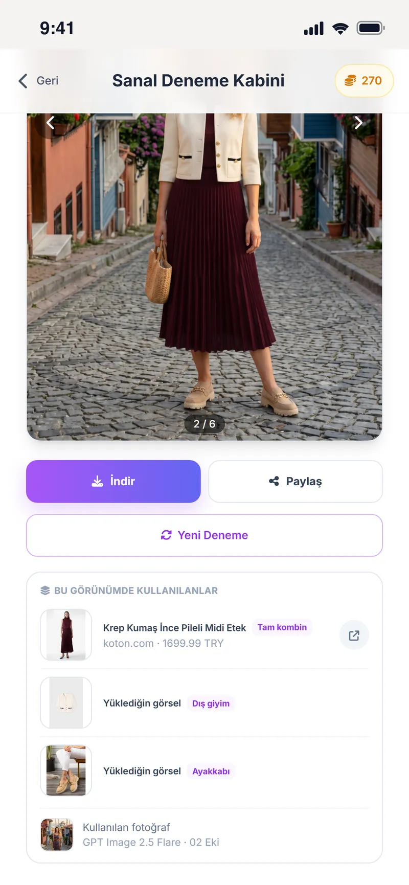 Sanal deneme sonucunda kullanılan parçaların listesi