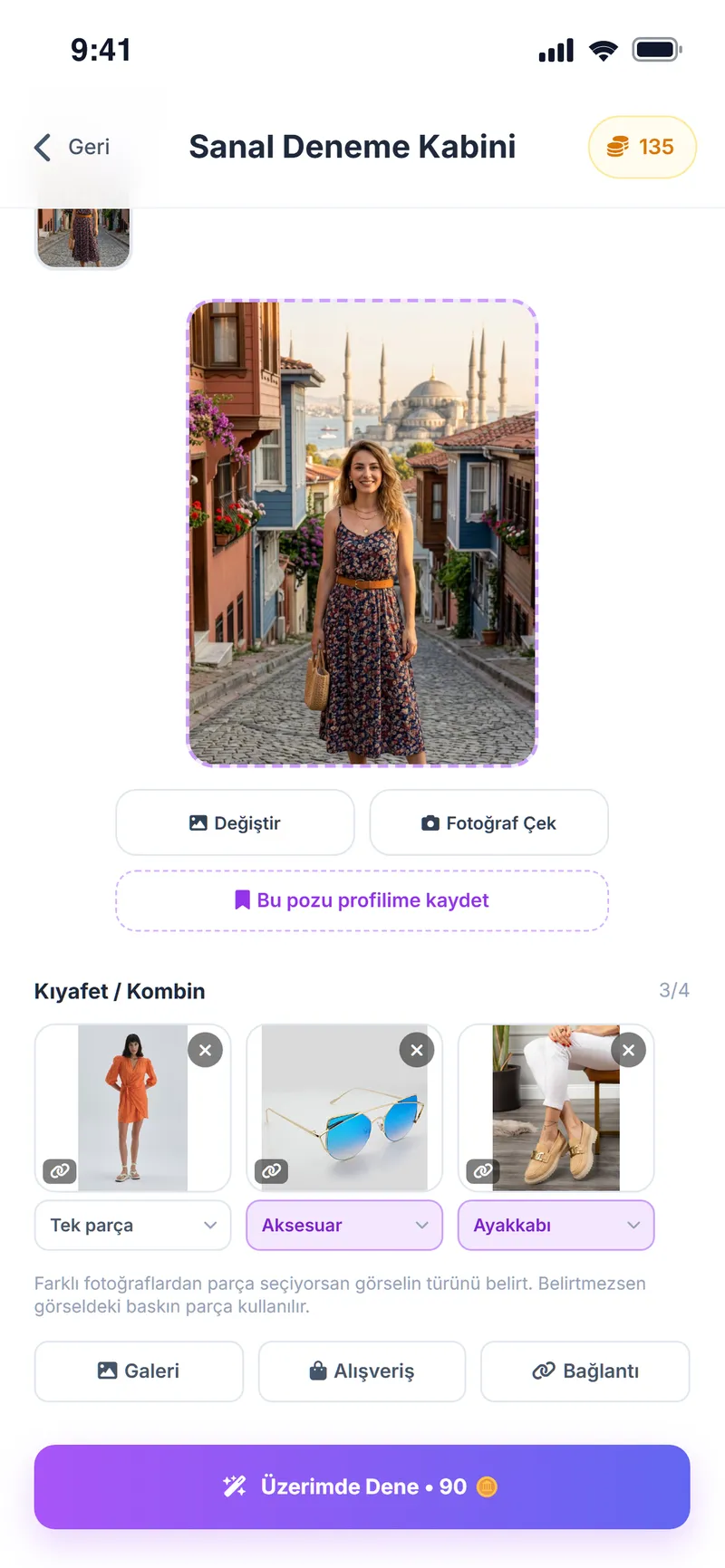 Turuncu elbise, gözlük ve ayakkabıyla hazırlanan sanal deneme