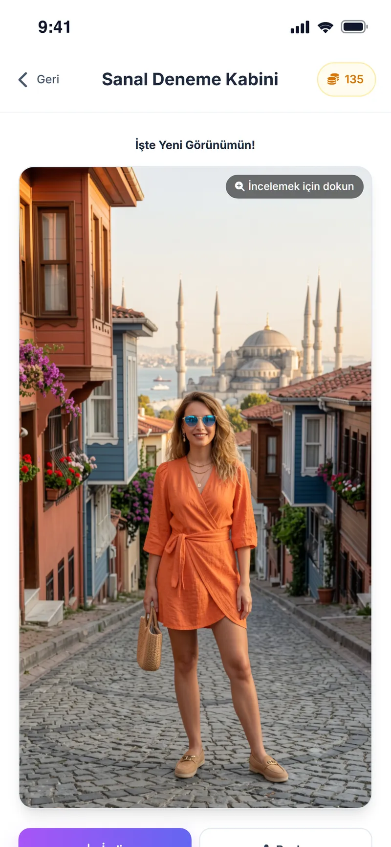 Sanal deneme sonucu: turuncu elbisenin kullanıcının fotoğrafındaki hali