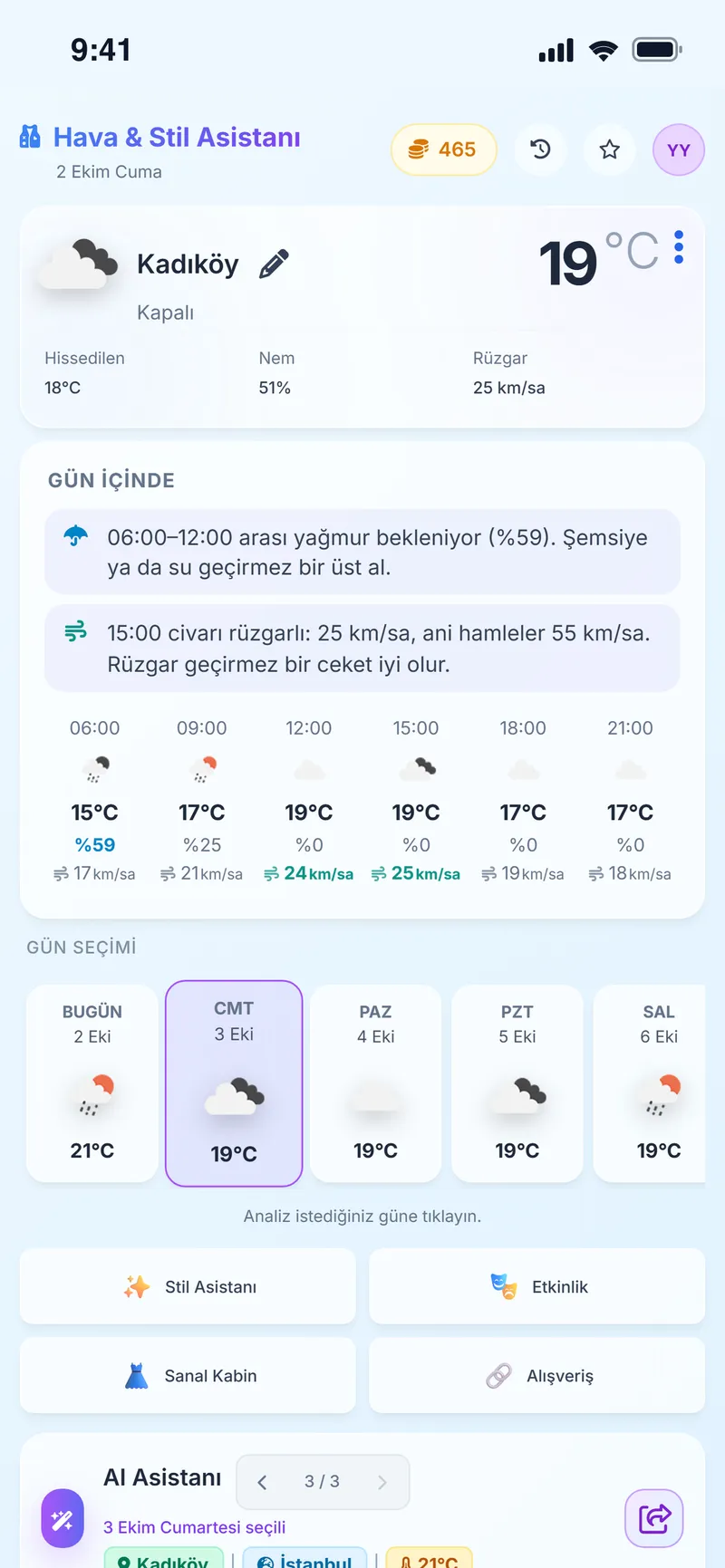 Hava ve Stil Asistanı: Kadıköy için saatlik hava durumu ve gün seçimi
