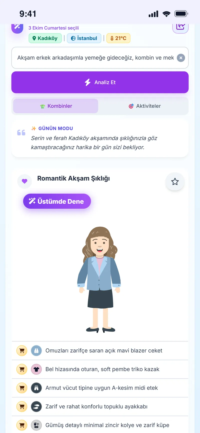 Akşam yemeği isteğine göre hazırlanan kombin önerisi ve avatar üzerinde gösterimi