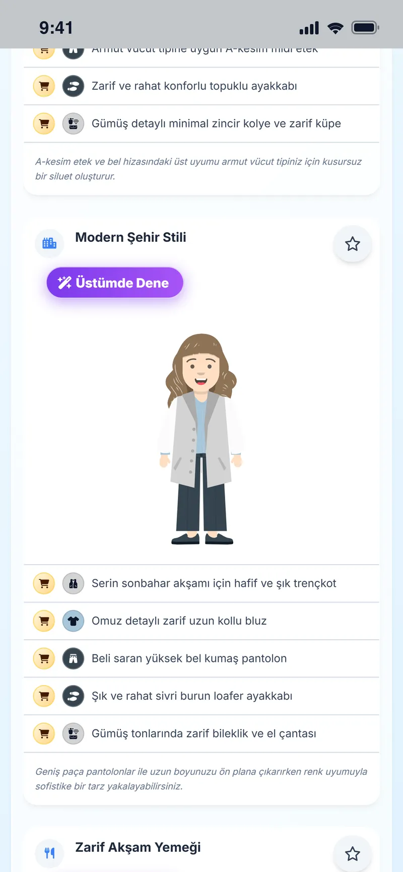 Kombin önerisinin parça listesi ve vücut tipine uygun stil notu