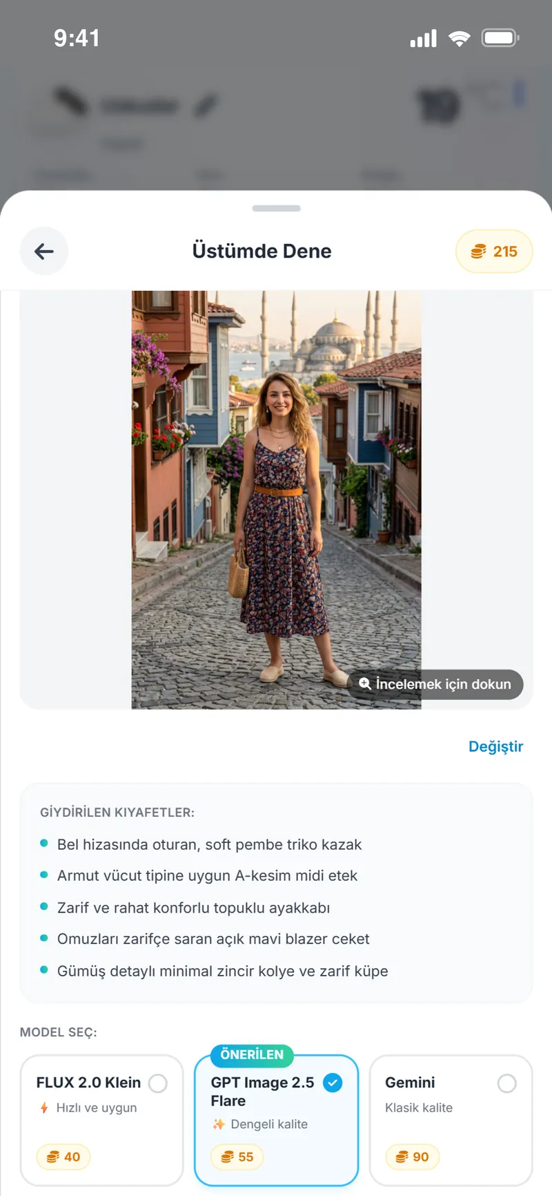 Önerilen kombini kendi fotoğrafında denemek için Üstümde Dene ekranı